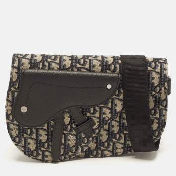 Pre Owned Dior Saddle Navy Blue/Black Oblique Canvas and Leather Pouch Bag
