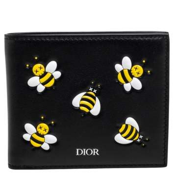 Pre Owned Dior x Kaws Black Leather Bee Bifold Wallet