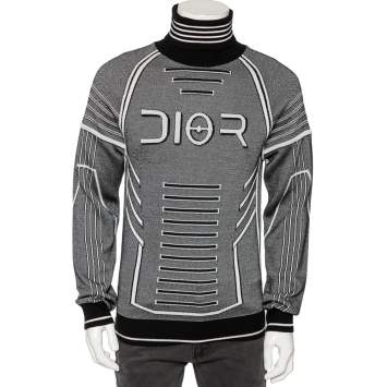 Pre Owned Dior Monochrome Intarsia & Technical Knitted Turtleneck Sweater L