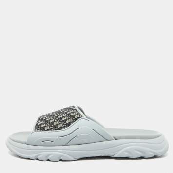Pre Owned Dior Grey Canvas and Rubber H-Town Single Band Slide Sandals Size 44
