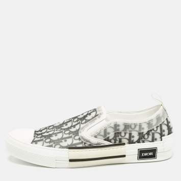 Pre Owned Dior White/Black Oblique Canvas B23 Slip On Sneakers Size 46