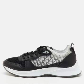 Pre Owned Dior Black/Grey Oblique Mesh and Leather B25 Runner Lace Up Sneakers Size 43