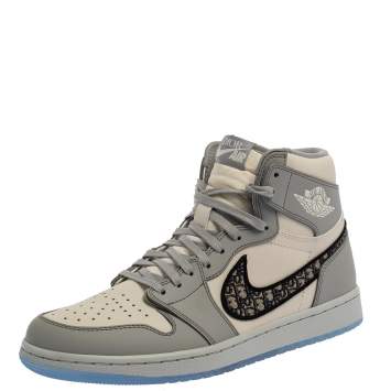 Pre Owned Dior x Jordan Grey/White Leather Air Jordan 1 High Top Sneakers Size 42.5