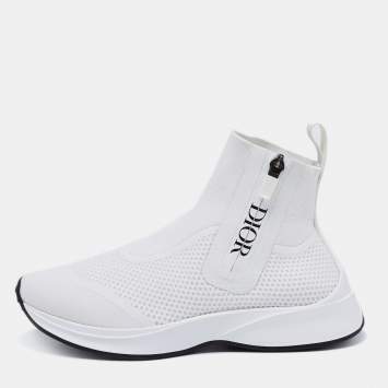 Pre Owned Christian Dior White Knit Fabric B25 High Top Sock Sneakers Size 36 