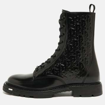 Pre Owned Dior Black Oblique Embossed Leather Explorer II Combat Boots Size 45
