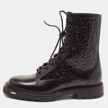 Pre Owned Dior Black Oblique Embossed Leather Explorer II Combat Boots Size 42