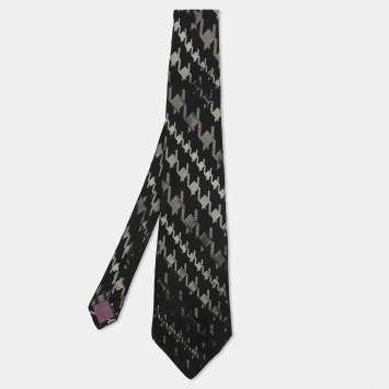 مملوكة مسبقًا Dior Black/Silver Silk Houndstooth Printed Tie 