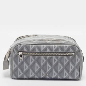 Pre Owned Dior Toiletry Bag Grey CD Diamond Coated Canvas and Leather
