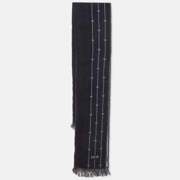 Pre Owned Christian Dior Homme Navy Blue Logo Heart Pattern Wool Scarf