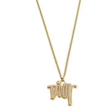 Pre Owned Dior Gold Tone Crystal Embellished Logo Pendant Necklace