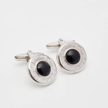 Pre Owned Dior Silver Tone Black Resin Logo Round Cufflinks