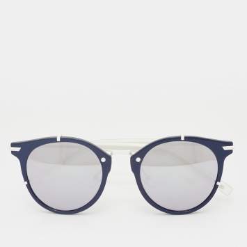 Pre Owned Dior Homme Navy Blue & White Tone/Black Mirrored 0196S Round Sunglasses