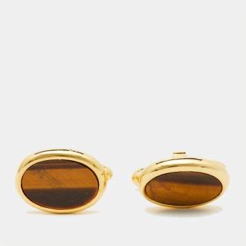 Pre Owned Dior Vintage Tiger's Eye Gold Tone Oval Cufflinks