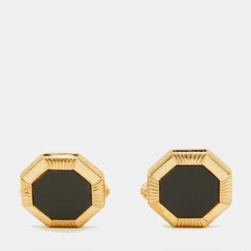 Pre Owned Dior Vintage Octagonal Black Inlay Gold Tone Cufflinks