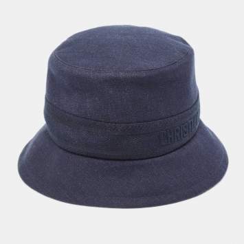 Pre Owned Dior Navy Blue Denim Oblique Bucket Hat Size 58