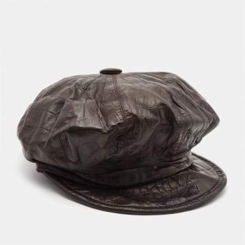 Pre Owned Christian Dior Boutique Brown Croc Embossed Leather Newsboy Hat Size 58