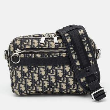 Pre Owned Dior Navy Blue Oblique Canvas and Leather Crossbody Bag