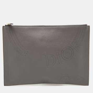 Pre Owned Dior Homme Grey Leather Zip Pouch Clutch