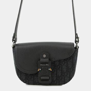 Pre Owned Dior Oblique Saddle Shoulder Black Canvas Calf Leather Size Mini