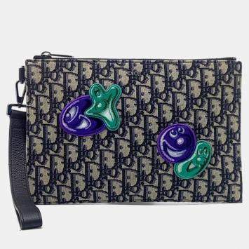 Pre Owned Dior Navy Blue Fabric X Kenny Sharp Oblique A5 Pouch