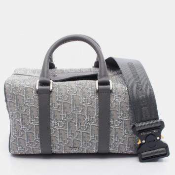 Pre Owned Christian Dior Dior Lingot26 Lango Oblique Gray/Silver Canvas Leather Handbag 