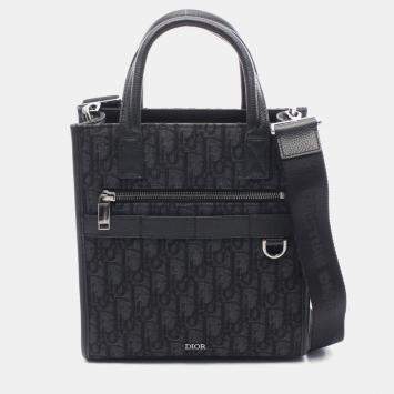 Pre Owned Christian Dior Dior Safari North-South Oblique Handbag  Canvas And Leather  Black