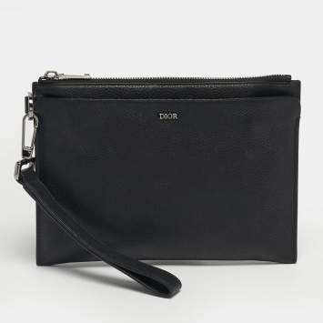 Pre Owned Dior Black Leather Zip Wristlet Pouch