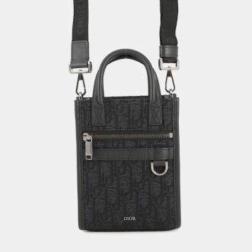 Pre Owned حقيبة كتف ثنائية الاتجاه ديور أوبليك سفاري شمال جنوب قماش جلد أسود حجم صغير