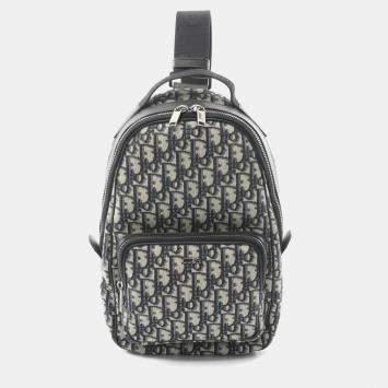 مملوكة مسبقًا حقيبة ديور رايدر سلينج قماش جاكار مائل وحزام جلد بيج بحري أسود