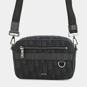 Pre Owned حقيبة كتف ديور سفاري قماش مائل جاكار أسود جلد حجم صغير