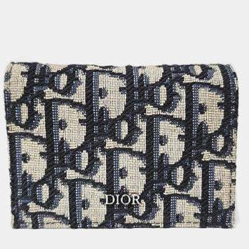 Pre Owned Dior  Homme Oblique Beige/Navy Blue Canvas Card Wallet