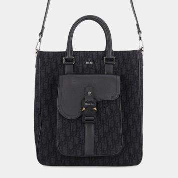 Pre Owned Dior Saddle Tote Black Oblique Jacquard Canvas Leather Top Handle Bag