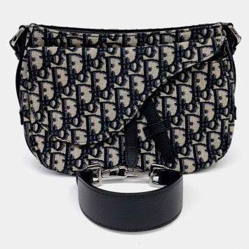 Pre Owned Dior Homme Oblique Saddle Beige Navy Blue Canvas Soft Bag