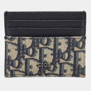 Pre Owned Dior Beige/Navy Blue Oblique Canvas and Leather Card Holder
