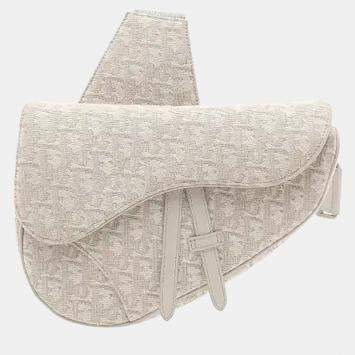 Pre Owned Christian Dior Saddle White Dior Oblique Jacquard Canvas Shoulder Bag