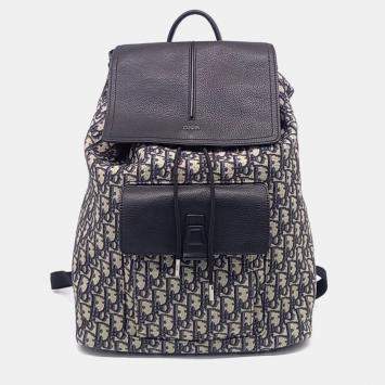 Pre Owned Dior Beige Navy Blue Canvas and Leather Homme Oblique Backpack 1ESBA138YKY