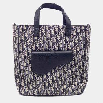 Pre Owned Dior Homme Oblique Beige/Navy Blue Canvas Saddle Tote and Shoulder Bag 1ADSH175YKS