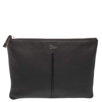 Dior Black Grained Leather Top Zip Slim Clutch