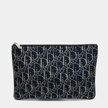 Dior Blue Oblique Print Nylon and Leather Zip Pouch