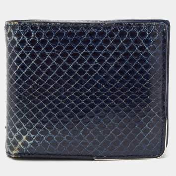 Pre Owned Dior Navy Blue Watersnake Leather Metal Edge Bifold Wallet 