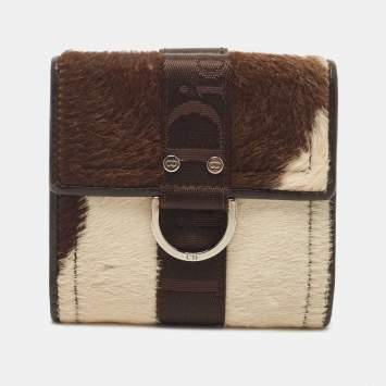 Pre Owned Dior Brown/Beige Calfhair and Leather D Ring Flap Compact Wallet