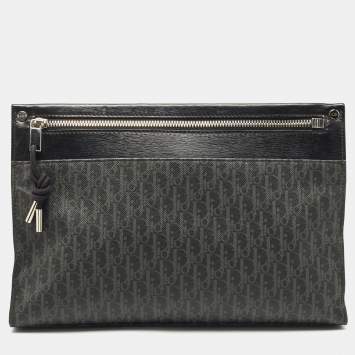 Pre Owned Dior Black Oblique Coated Canvas and Leather Zip Pouch
