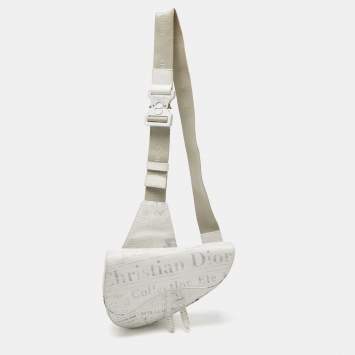 Pre Owned Dior x Daniel Arsham White Newspaper Print Leather Saddle Crossbody Bag