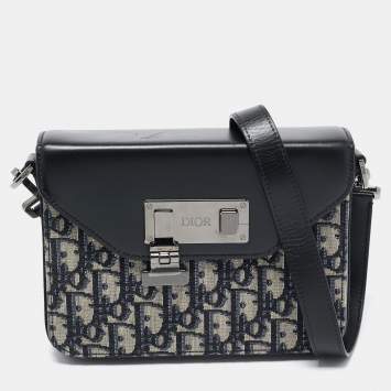 Pre Owned Dior Black/Blue Oblique Canvas and Leather Lock Messenger Bag