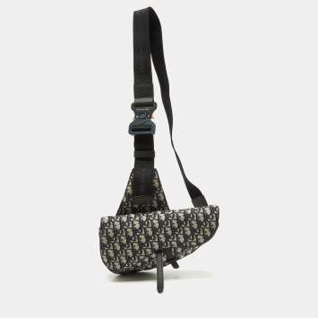 Pre Owned Dior Homme Blue/Black Oblique Canvas and Leather Saddle Sling Bag