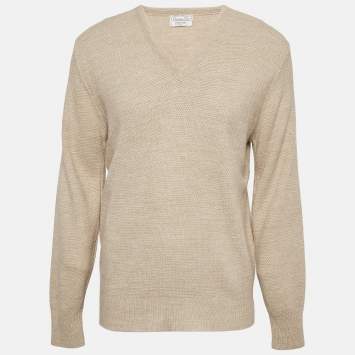 Pre Owned Christian Dior Beige Knitted V-Neck Sweater L