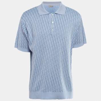 Pre Owned Dior Blue Oblique Patterned Cotton Knit Polo L