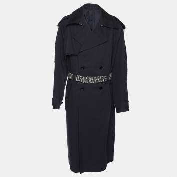 Pre Owned Dior Navy Blue Gabardine Double Breasted Belted Trench Coat L