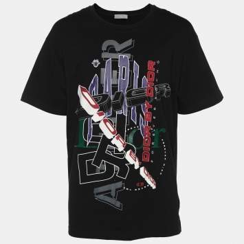 Dior Homme Black Printed & Embroidered Cotton Knit T-Shirt L