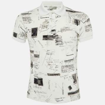 Pre Owned Dior Homme White Scrapbook Printed Cotton Knit Polo T-Shirt S